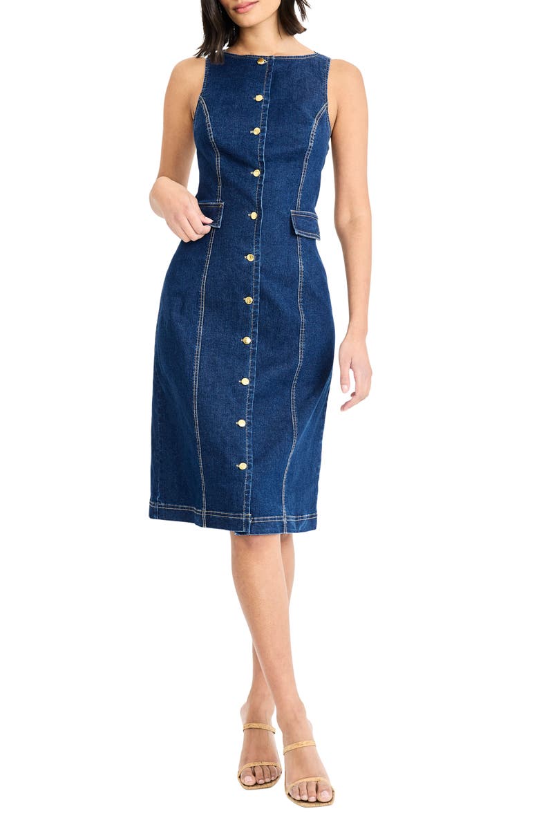 Maggy London Sleeveless Denim Sheath Dress, Main, color, Dark Denim