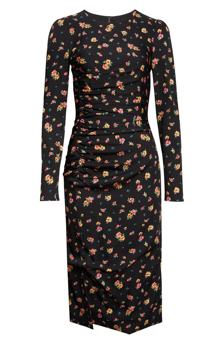 Dolce&Gabbana Floral Print Long Sleeve Charmeuse Midi Dress, Main, color, Nero