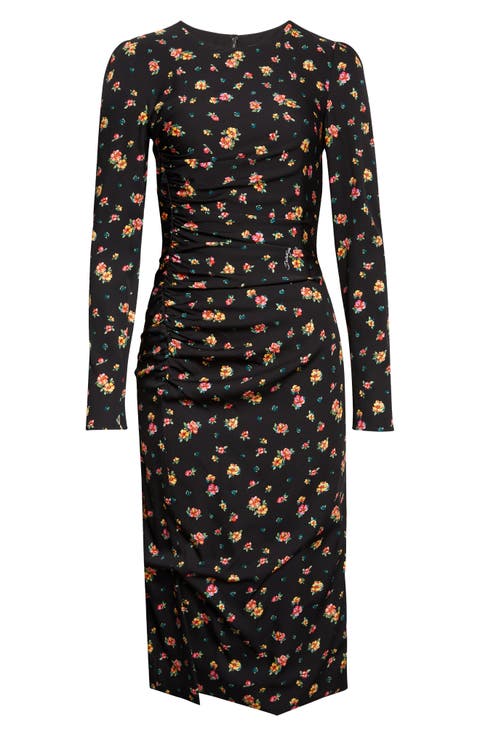 Floral Print Long Sleeve Charmeuse Midi Dress