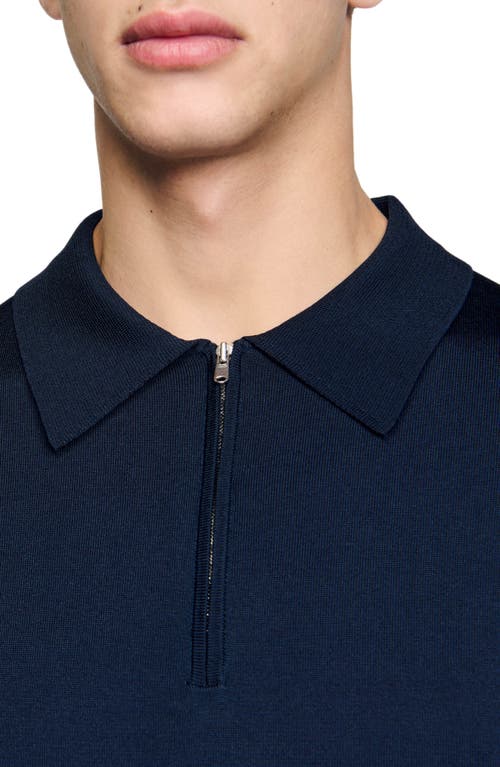 Sandro Knitted Polo Shirt With Zip Collar In Navy Blue
