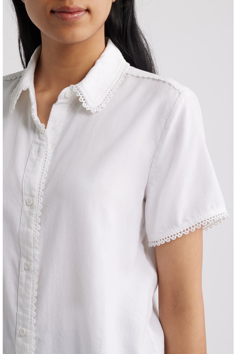Picot Trim Short Sleeve Button-Up Shirt, Alternate, color, WHITE