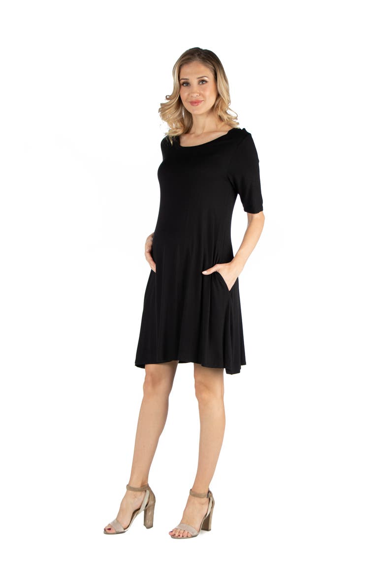 24seven Comfort Apparel Maternity Soft Flare T-Shirt Dress with Pocket Detail, Alternate, color, Black
