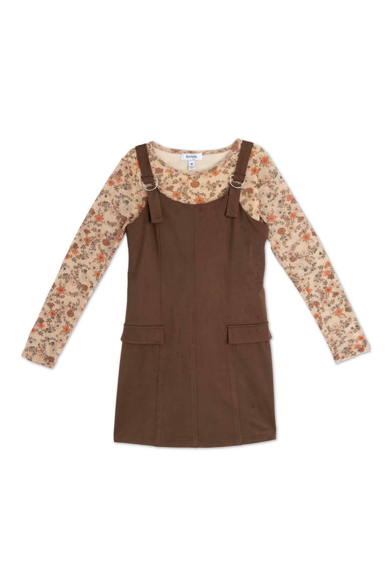 Kids' Faux Suede Dress & Printed Mesh Top Set, Main, color, BROWN/ GOLDEN YE