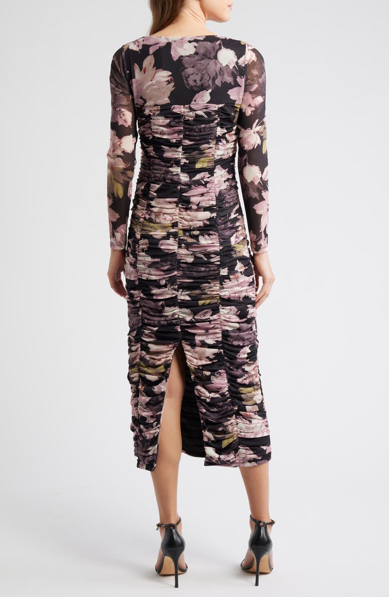 Anne Klein Floral Long Sleeve Ruched Midi Dress, Alternate, color, Anne Black Multi