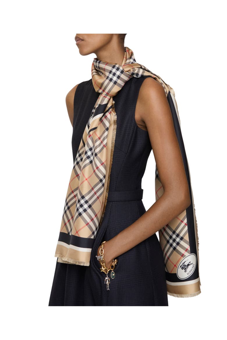 Check Knight Stamp Silk Scarf, Alternate, color, Sand beige