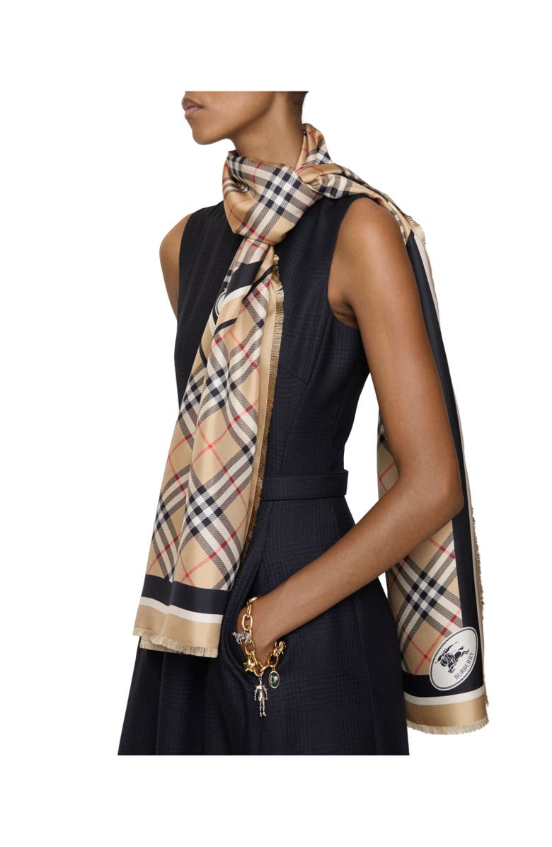 Burberry Check Knight Stamp Silk Scarf, Alternate, color, Sand Beige