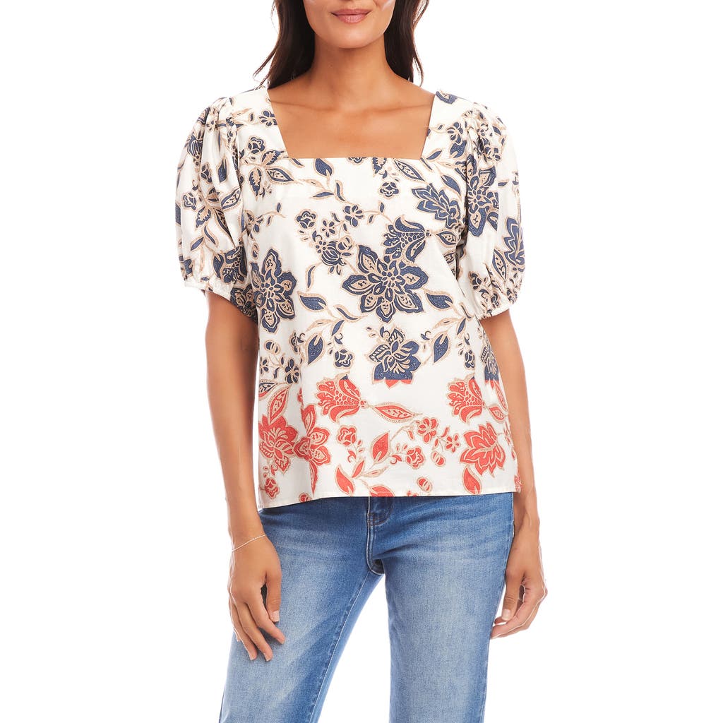 Karen Kane Puff Sleeve Square Neck Poplin Print Top In Multi In White Floral Print