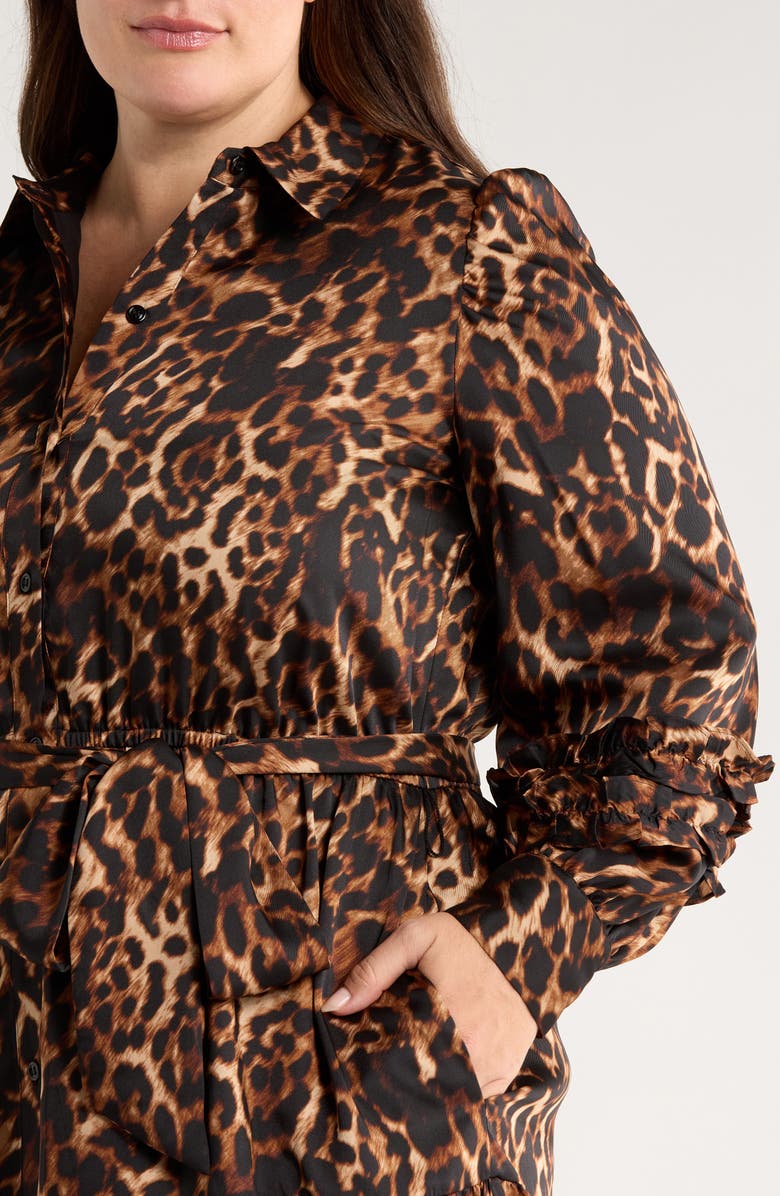 Anne Klein Leopard Tie Waist Long Sleeve Shirtdress, Alternate, color, Brown/ Anne Black Multi