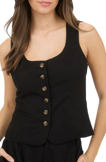 Blu Pepper Scoop Neck Button Front Vest In Black