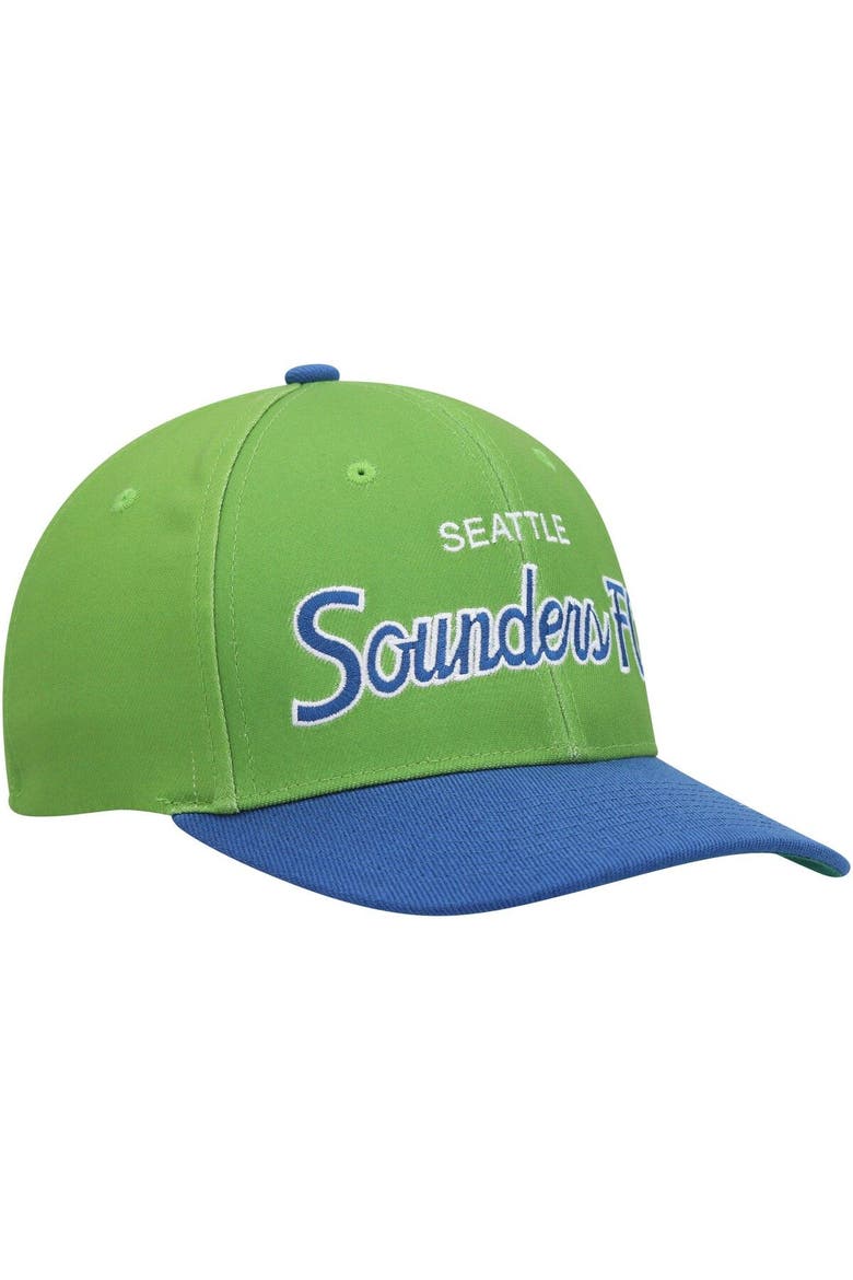 Men's Mitchell & Ness Green Seattle Sounders FC Team Script 2.0 Stretch Snapback Hat, Alternate, color, Green