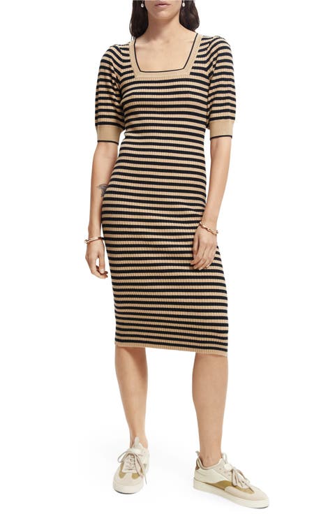 Stripe Square Neck Rib Midi Dress