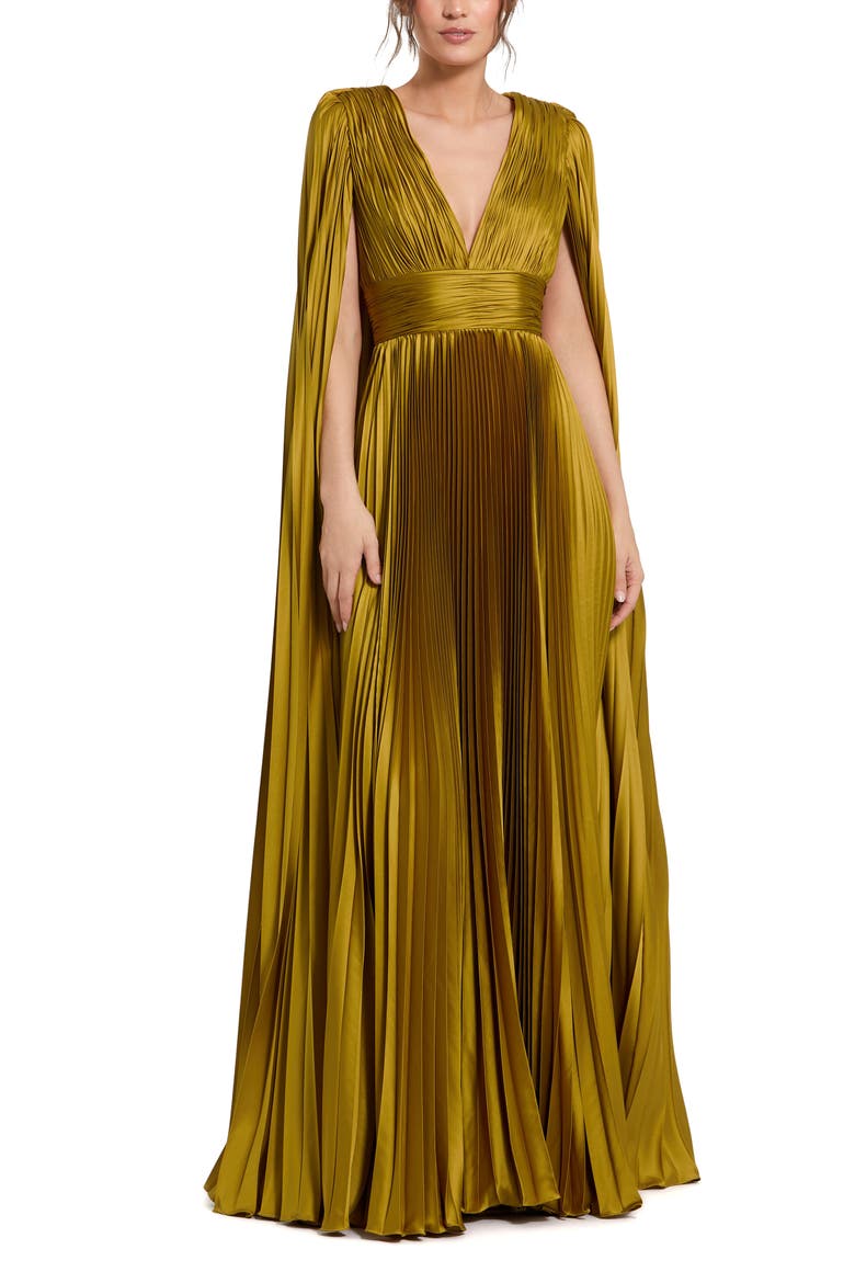 Petite Pleated Charmeuse V Neck Gown With Cape, Main, color, Chartreuse