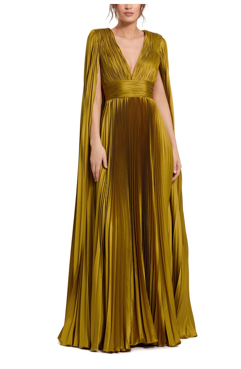 Mac Duggal Petite Pleated Charmeuse V Neck Gown With Cape, Main, color, Chartreuse