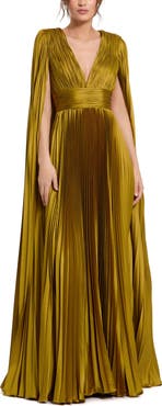 Mac Duggal Petite Pleated Charmeuse V Neck Gown With Cape
