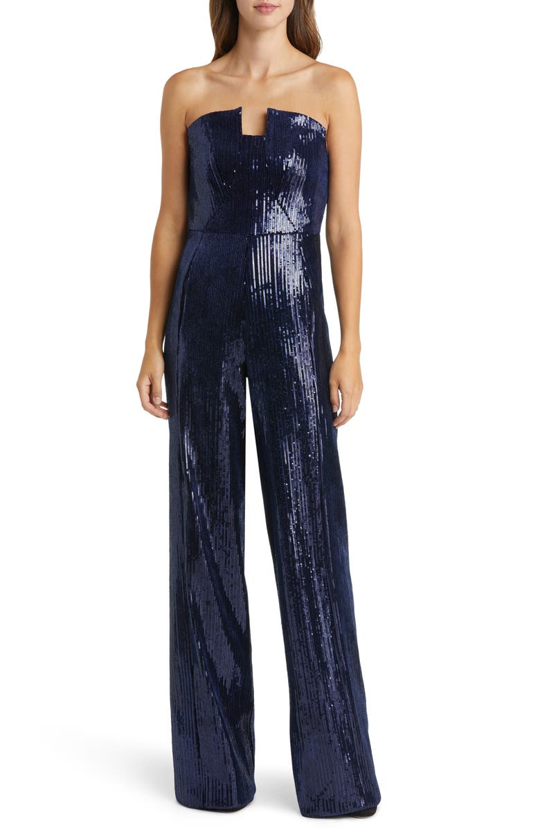 Black Halo Lena Sequin Strapless Jumpsuit, Main, color, Dazzling Abyss
