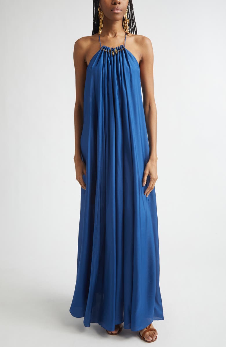 Zimmermann Aster Gathered Bead Silk Maxi Dress, Main, color, Dark Cobalt