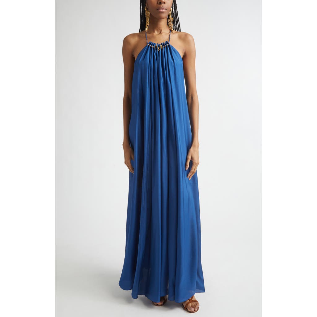 Zimmermann Aster Gathered Bead Silk Maxi Dress in Dark Cobalt at Nordstrom, Size 0