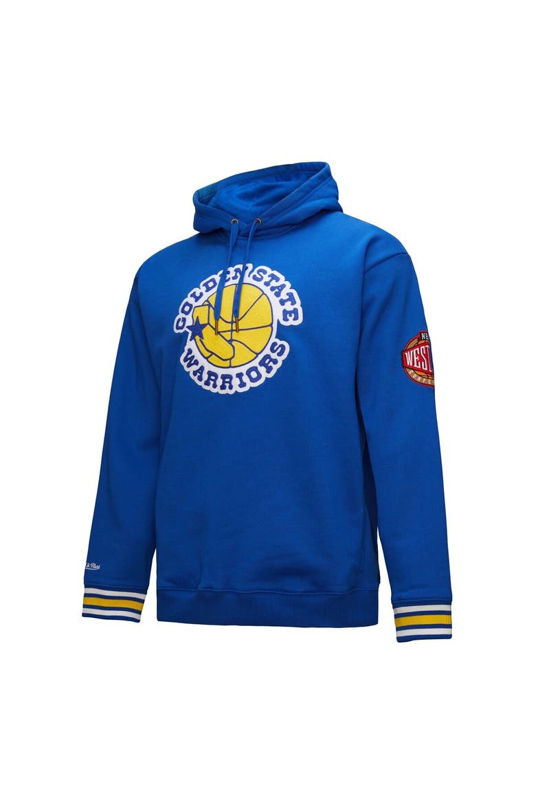Men's Mitchell & Ness Royal Golden State Warriors Chainstitch Applique Vintage Heavyweight Pullover Hoodie, Alternate, color, Royal