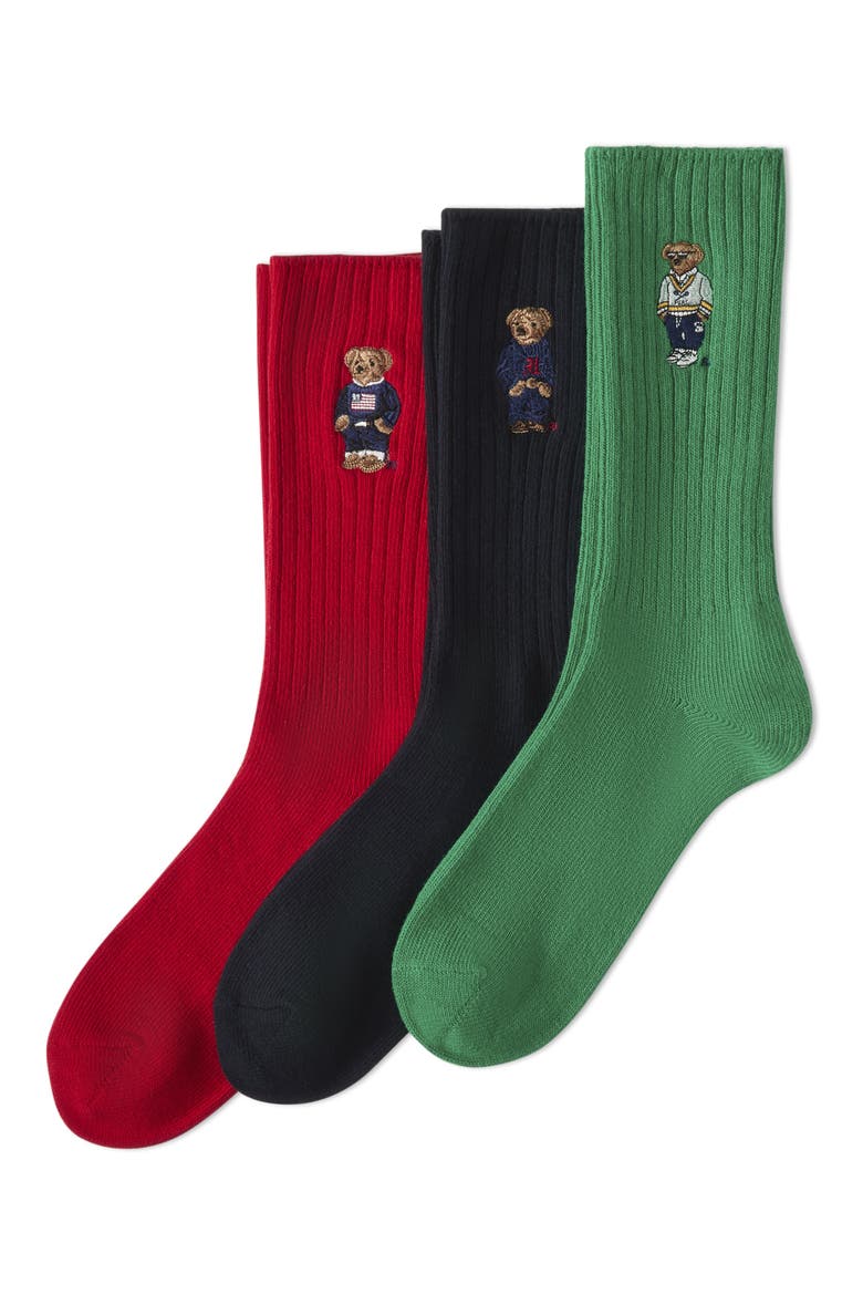 Assorted 3-Pack Embroidered Polo Bear Crew Socks, Main, color, NVAST