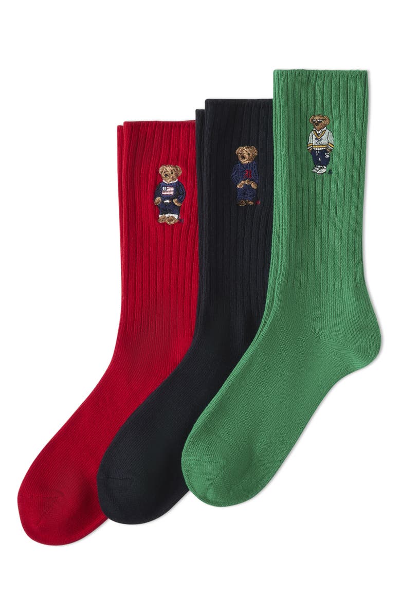 Polo Ralph Lauren Assorted 3-Pack Embroidered Polo Bear Crew Socks, Main, color,