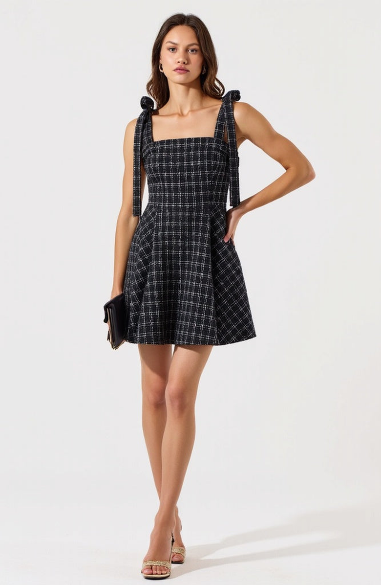 Modenaire Plaid Mini Dress with Tie-Strap Shoulders and Square Neckline, Alternate, color, Black / White Plaid
