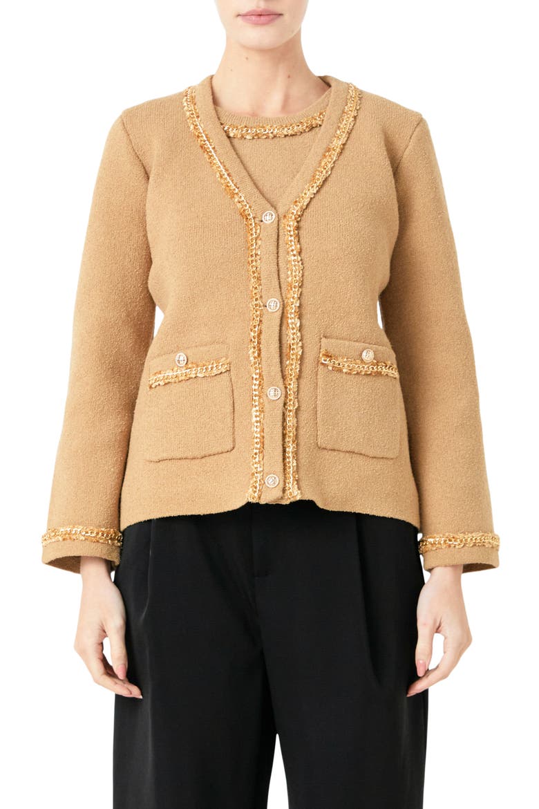 Trim Detail Cardigan, Main, color, CAMEL