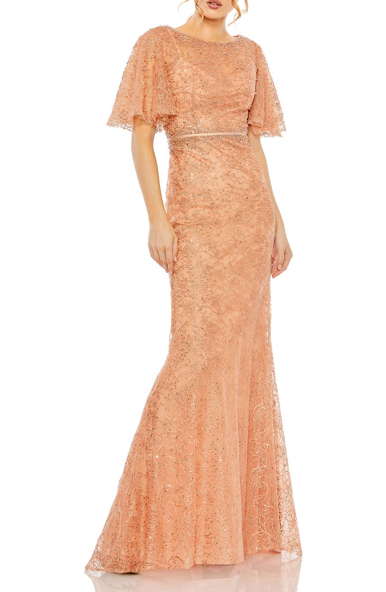 Mac Duggal Embellished Neck Butterfly Sleeve Trumpet Gown, Main, color, Cinnamon