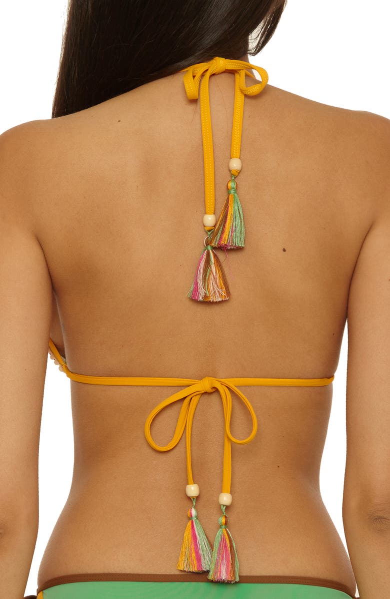 Lucky Brand Maldives Colorblock Pom Trim Triangle Bikini Top, Alternate, color, Sea Grass