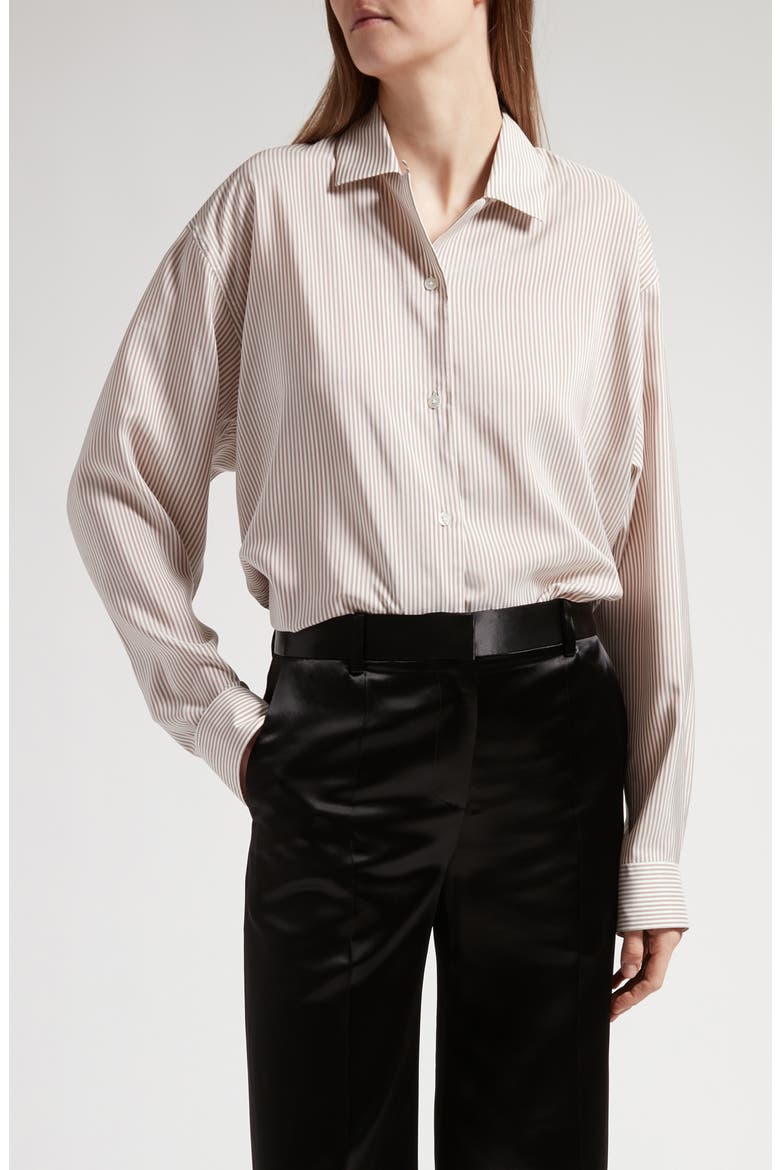 Valene Oversize Stripe Silk Button-Up Shirt, Main, color, IVORY/ BEIGE