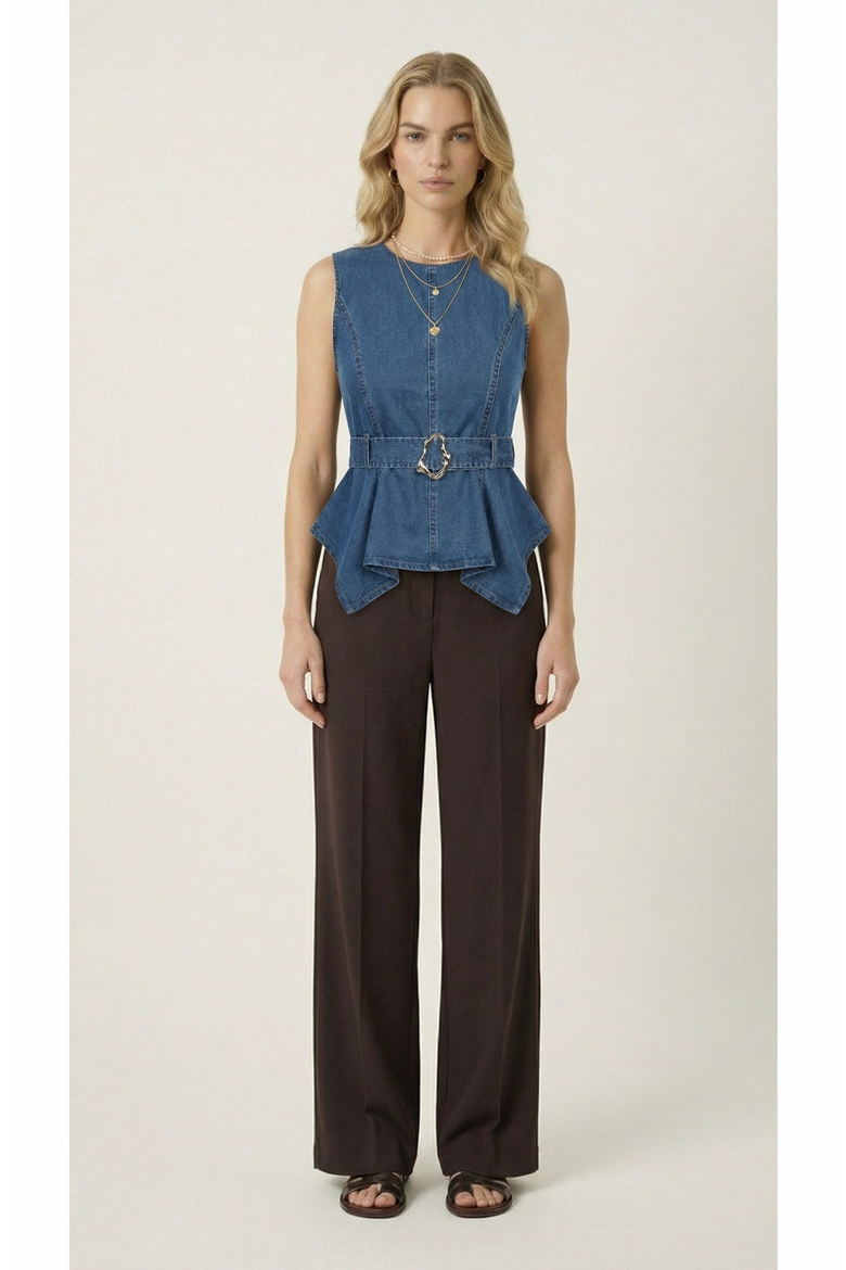 Belted Denim Peplum Top, Alternate, color, Blue