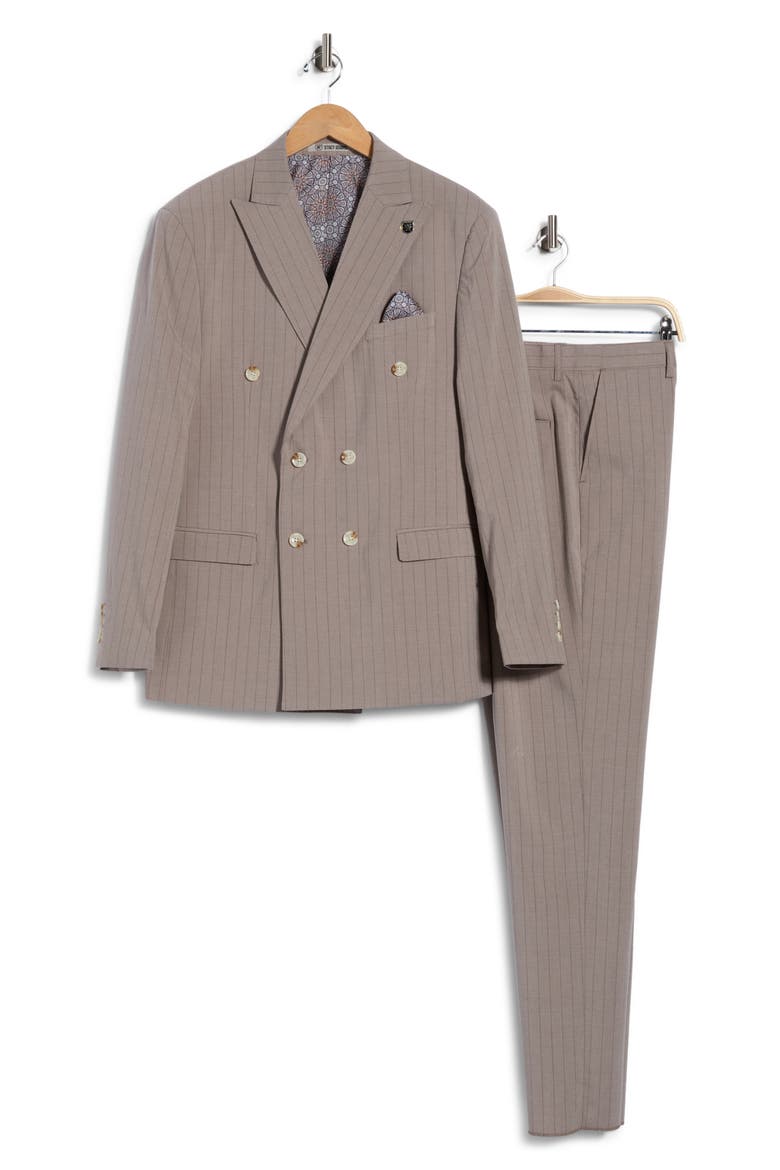 Pinstriped Three-Piece Double Breasted Suit, Alternate, color, KHAKI