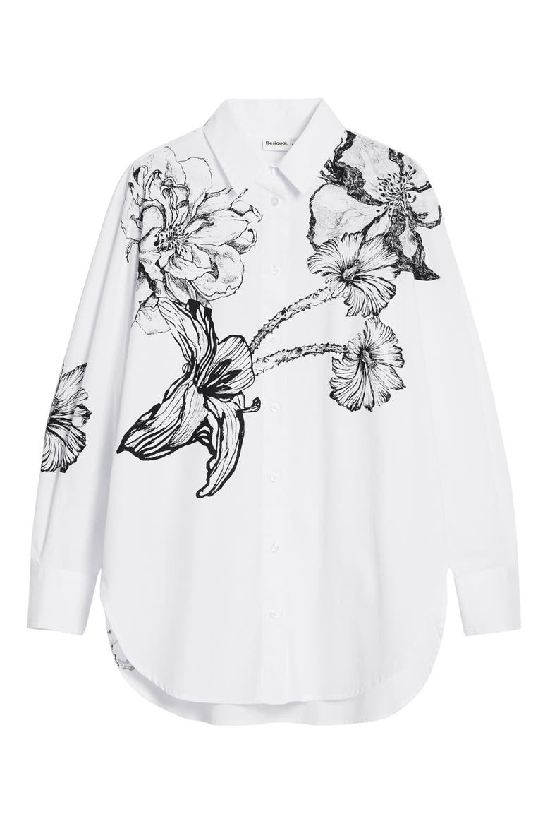 Placed Floral Cotton Button-Up Shirt, Alternate, color, WHITE