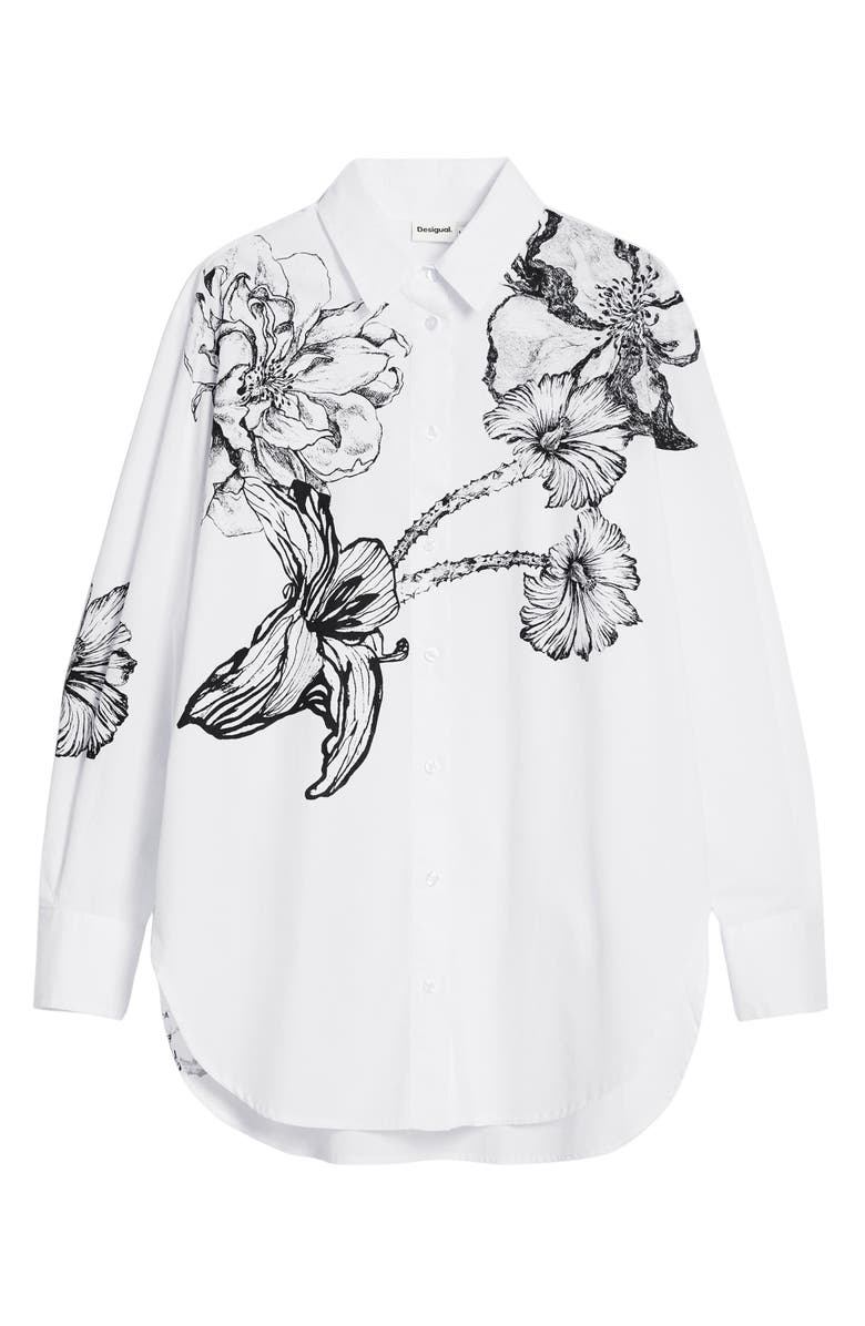 Desigual Placed Floral Cotton Button-Up Shirt, Alternate, color, White