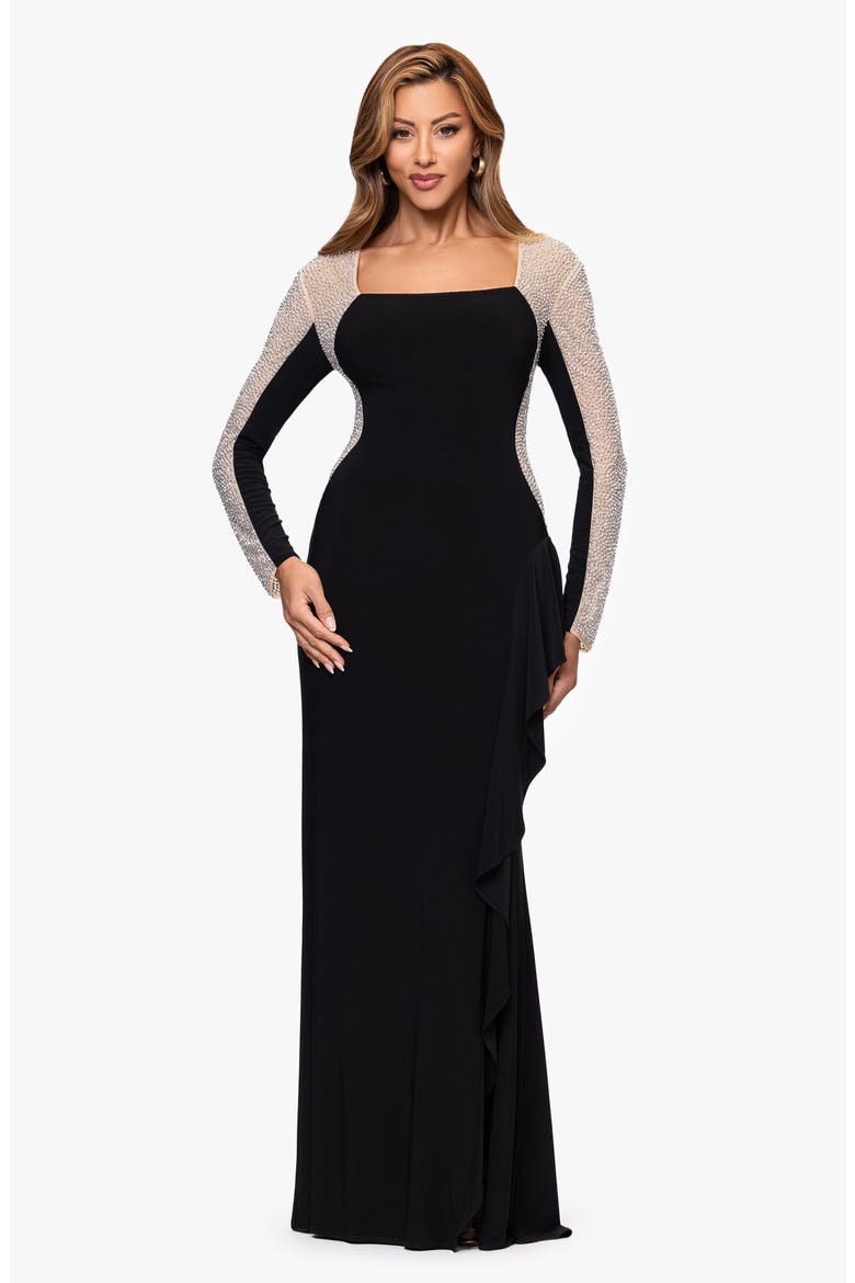 Beaded Long Sleeve Mermaid Gown, Alternate, color, BLACK/ BEIGE/ SILVER