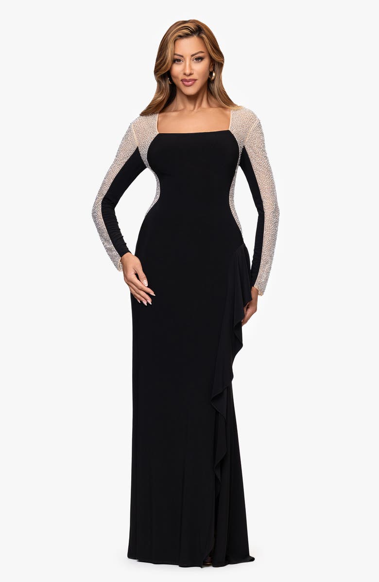Xscape Evenings Beaded Long Sleeve Mermaid Gown, Alternate, color, Black/ Beige/ Silver