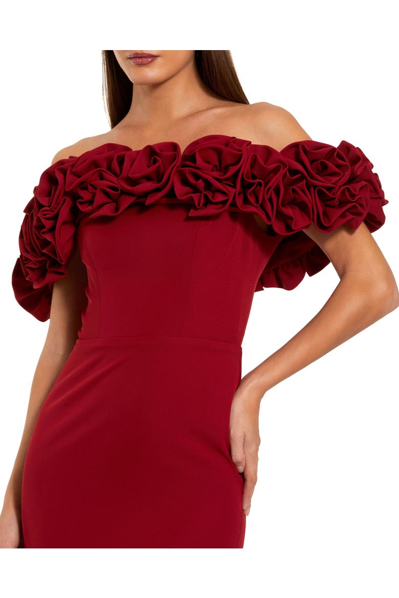 Crepe Off The Shoulder Column Gown With 3D Roses, Alternate, color, Ruby