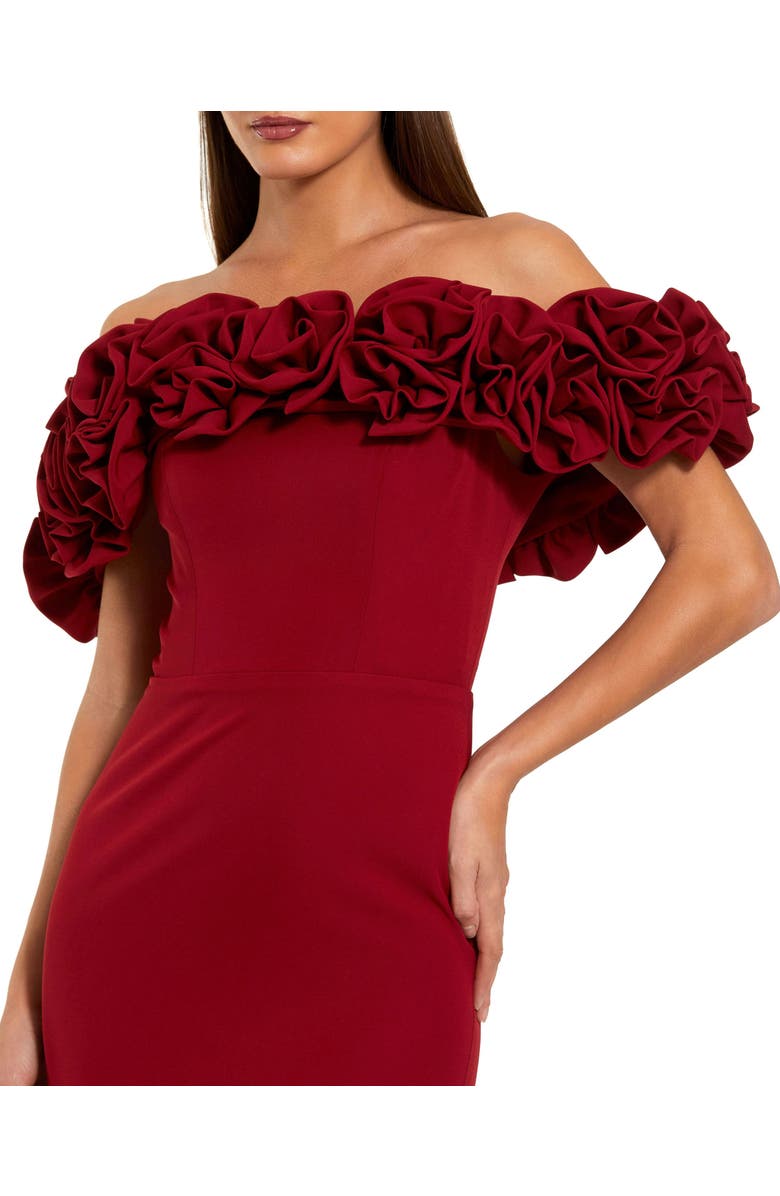 Mac Duggal Crepe Off The Shoulder Column Gown With 3D Roses, Alternate, color, Ruby