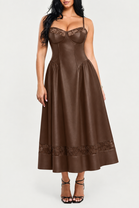 Shapewear Faux Leather Lace Panel Corset A-Line Midi Dress