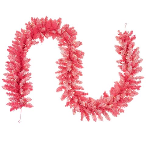 Pre-lit Flocked Artificial Christmas Garland - 9' x 12" - Pink - Clear Lights