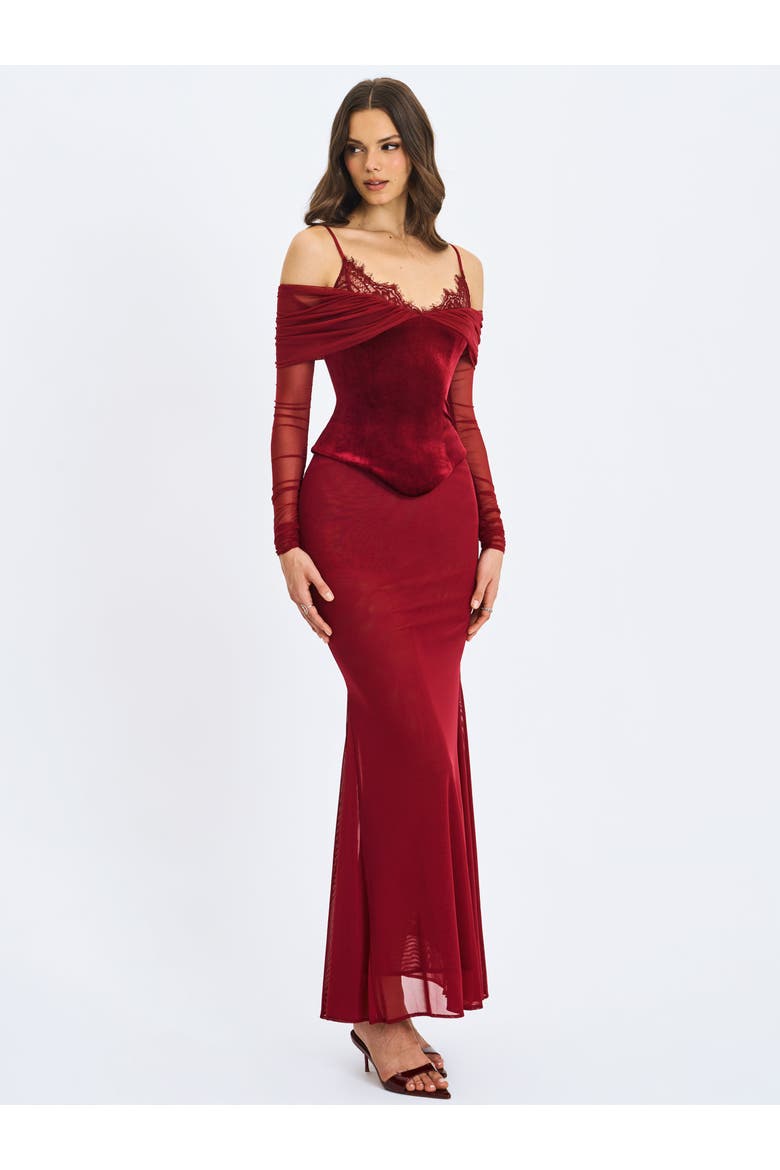 Maybelle Bardot Lace Strap Peplum Maxi Dress, Alternate, color, Magenta