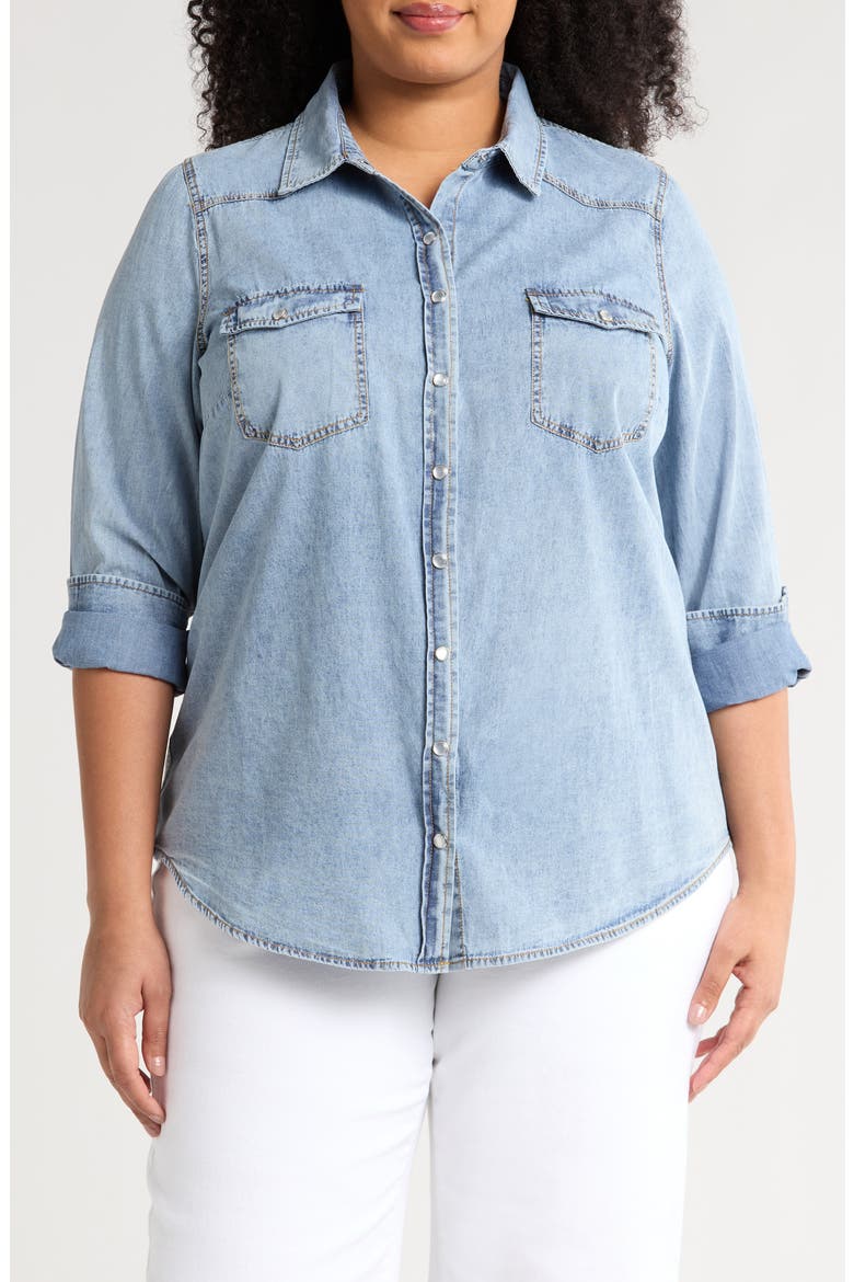 Western Long Sleeve Denim Shirt, Main, color, LIGHT BLUE WASH