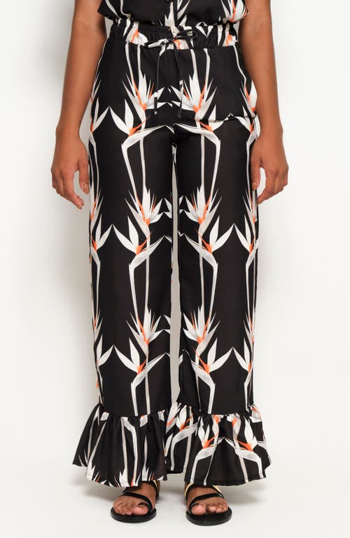 The Lulo Project Floral Ruffle Hem Drawstring Pants In Birds Of Paradise Black