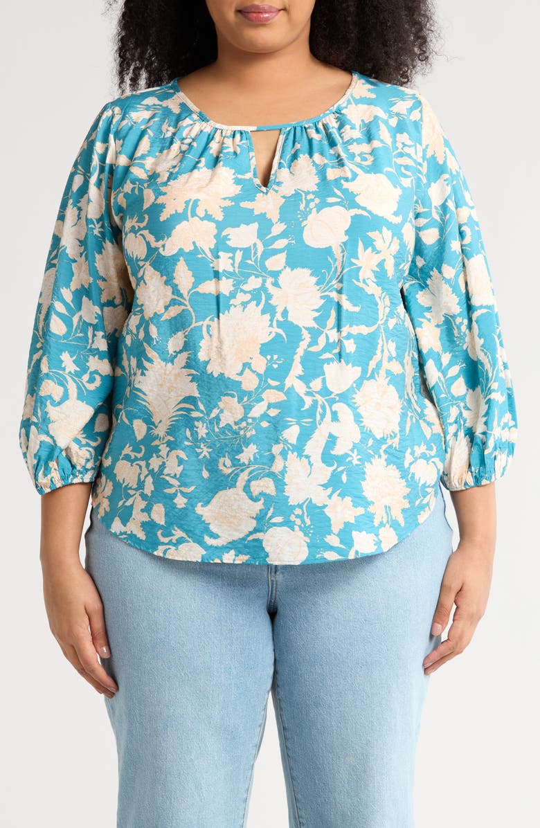 Renee C Floral Keyhole Long Sleeve Top, Main, color, Blue