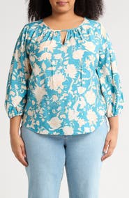 Renee C Floral Keyhole Long Sleeve Top