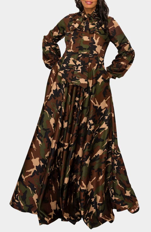 L I V D Bella Donna Camo Tie Neck Long Sleeve Maxi Shirtdress In Camo