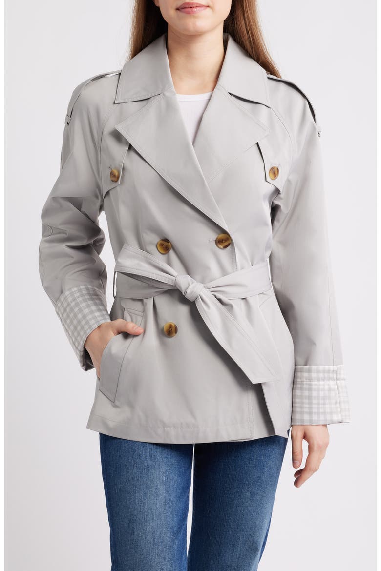 Water Resistant Gingham Cuff Double Breasted Trench Coat, Main, color, STONE