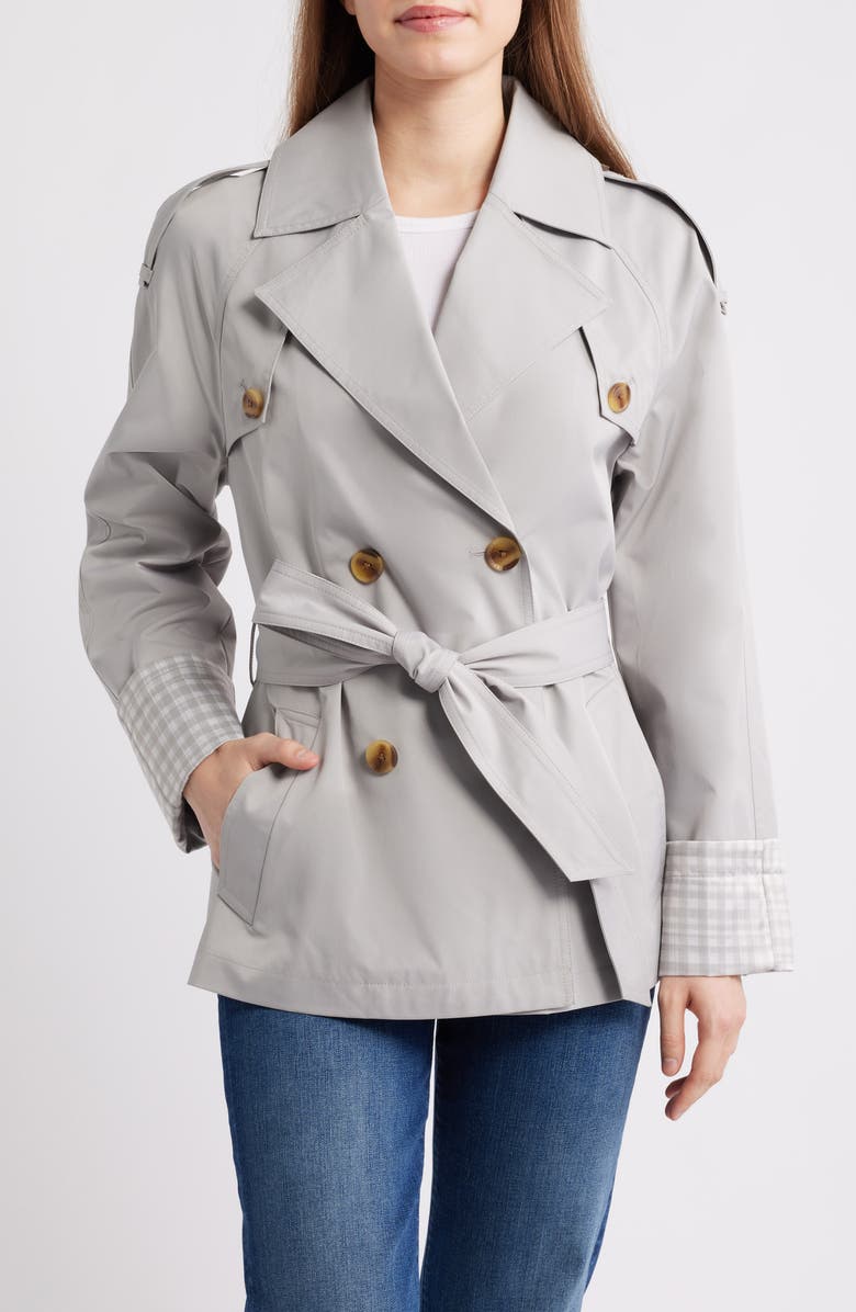 BCBG Water Resistant Gingham Cuff Double Breasted Trench Coat, Main, color, Stone