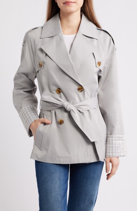Water Resistant Gingham Cuff Double Breasted Trench Coat