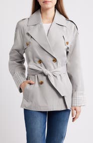 BCBG Water Resistant Gingham Cuff Double Breasted Trench Coat