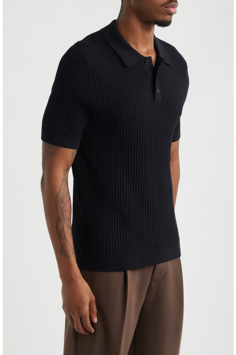 Textured Short Sleeve Polo Sweater, Alternate, color, BLACK